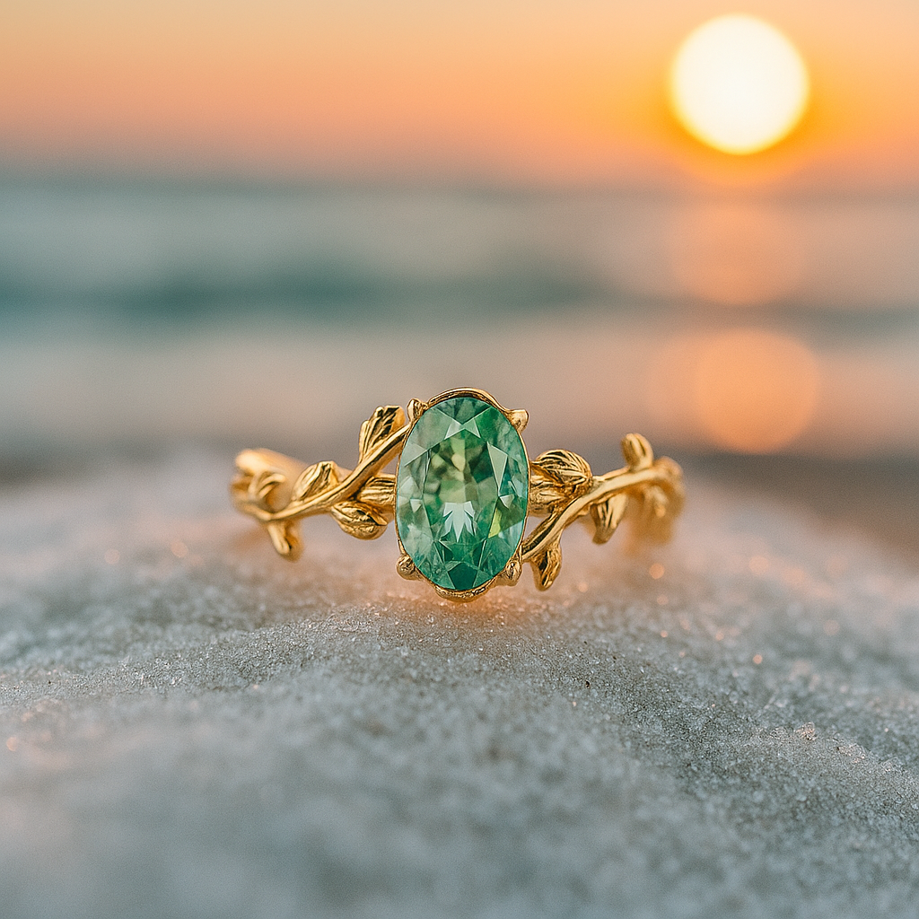 Smaragdwind – Goldring mit grünem Achat und Blattdesign