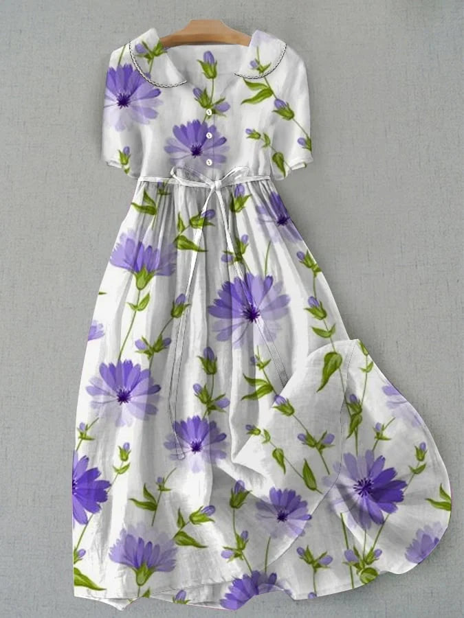 Sage - Retro Schnürung Tailliertes Blumenkleid mit Halben Ärmeln