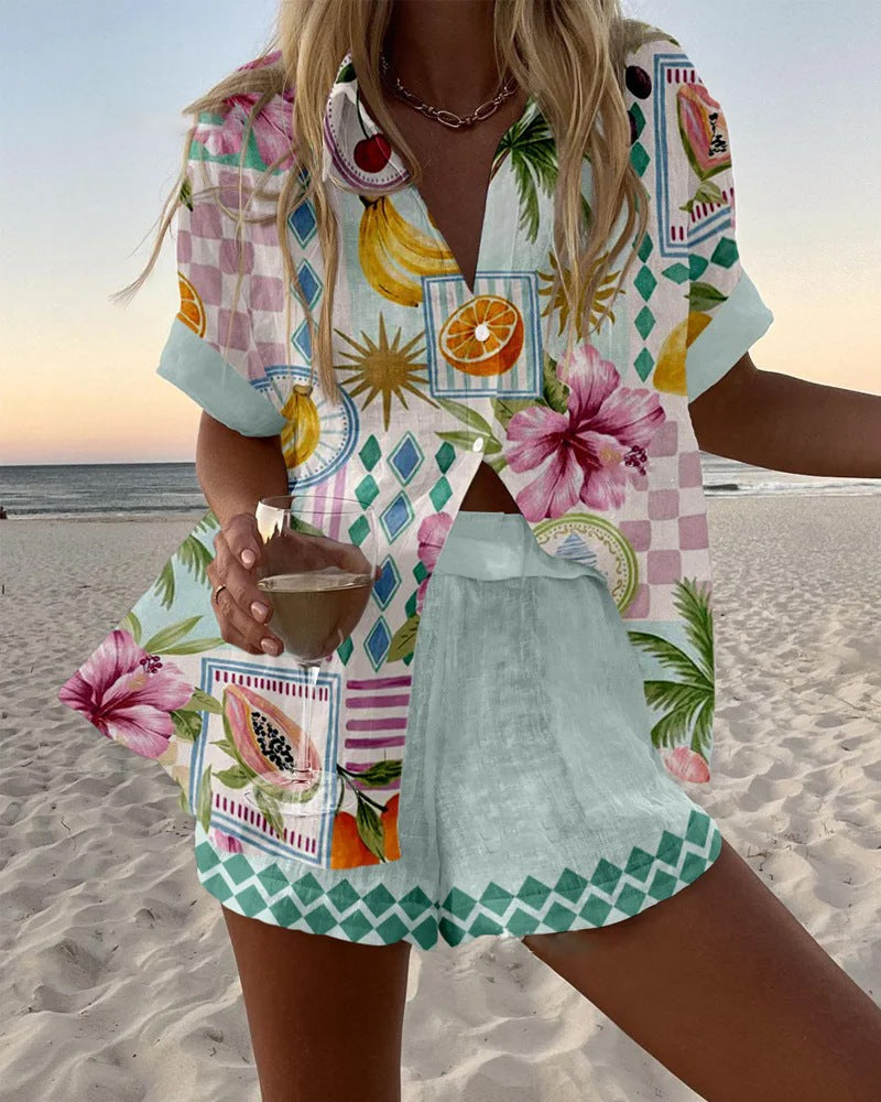 Maevin™ | Kurzes Leinen-Outfit mit frischem Obstmuster
