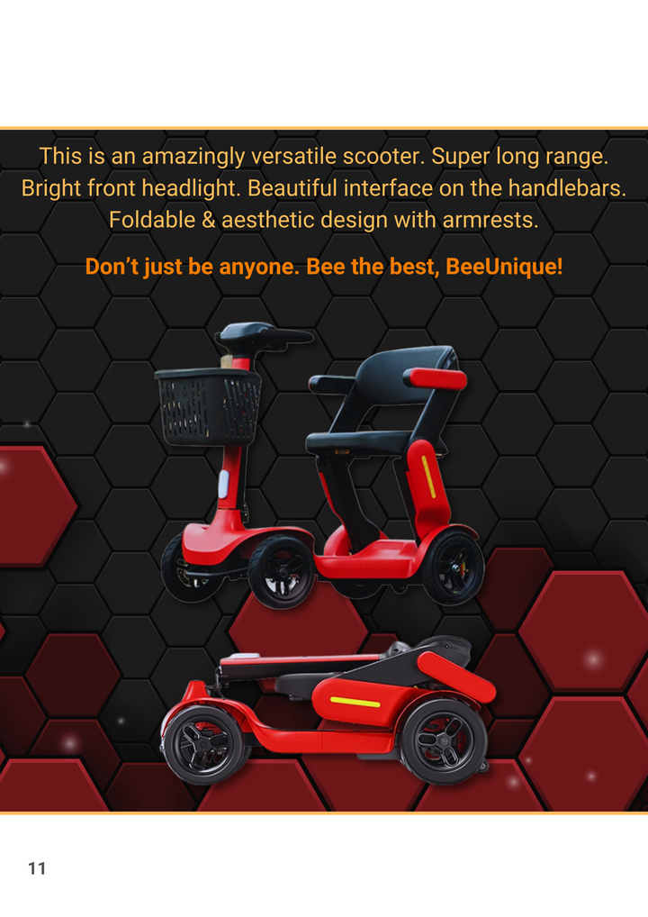 BeeRari (2025) - Manuell faltbarer Mobilitätsscooter - 250W Motor, 120kg Tragfähigkeit, 40 km Reichweite