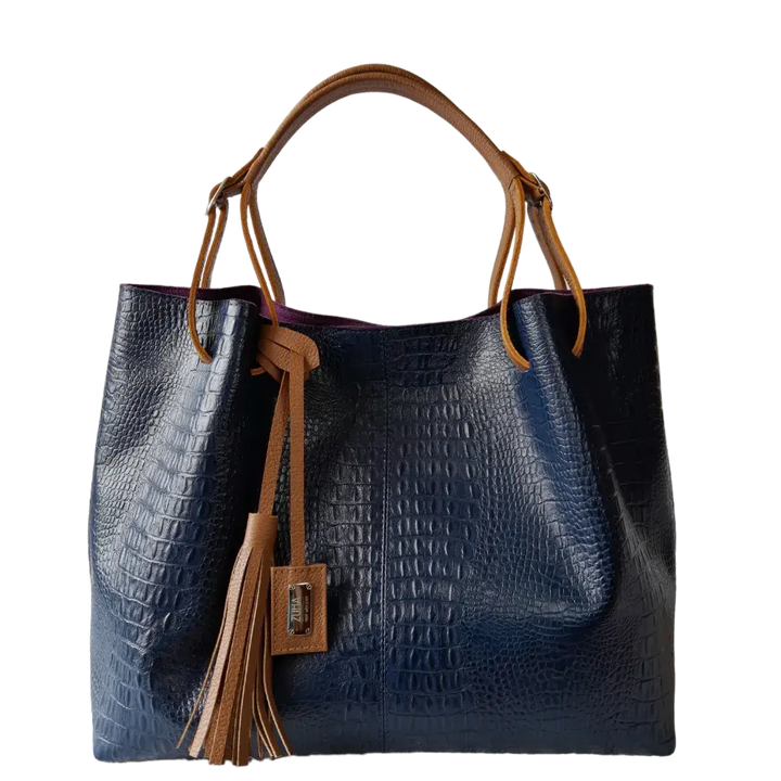 Adelle Dunkelblaue Damen Lederhandtasche im Reptil-Design
