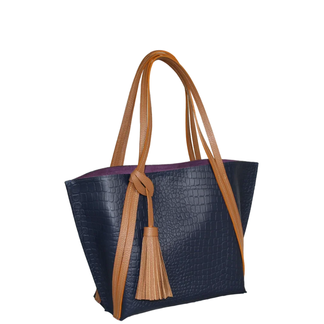 Eleonora Damen-Lederhandtasche in Dunkelblau mit Reptil-Design