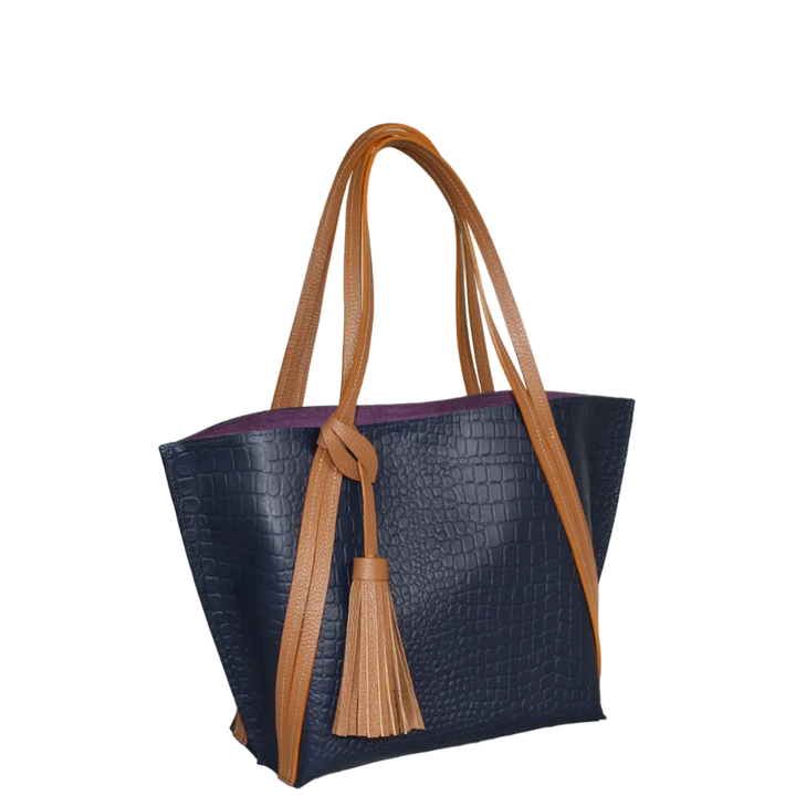 Eleonora Damen-Lederhandtasche in Dunkelblau mit Reptil-Design