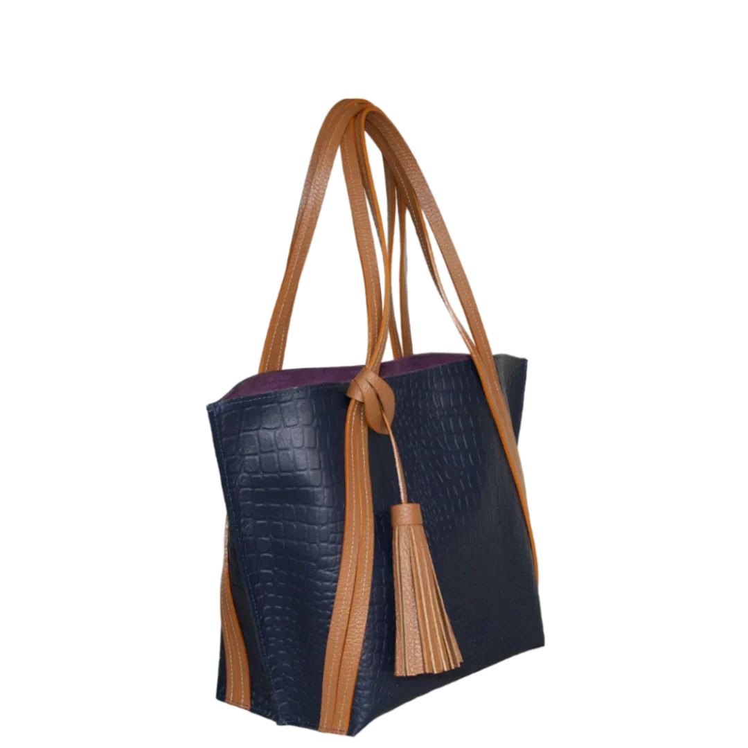 Eleonora Damen-Lederhandtasche in Dunkelblau mit Reptil-Design