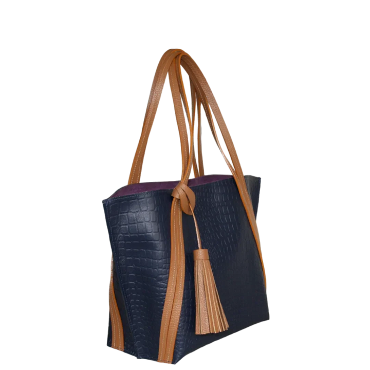 Eleonora Damen-Lederhandtasche in Dunkelblau mit Reptil-Design