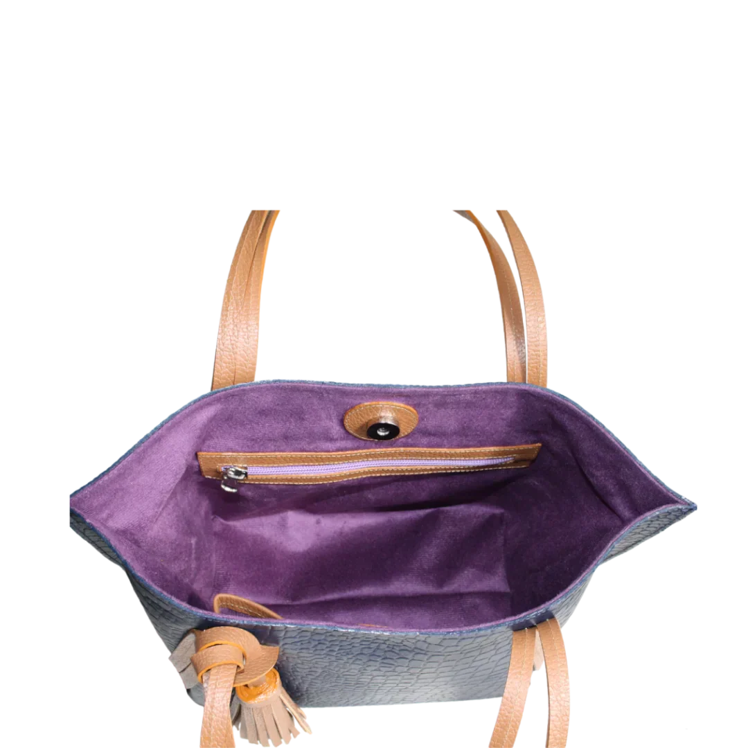 Eleonora Damen-Lederhandtasche in Dunkelblau mit Reptil-Design