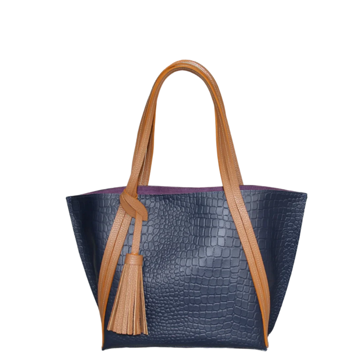 Eleonora Damen-Lederhandtasche in Dunkelblau mit Reptil-Design