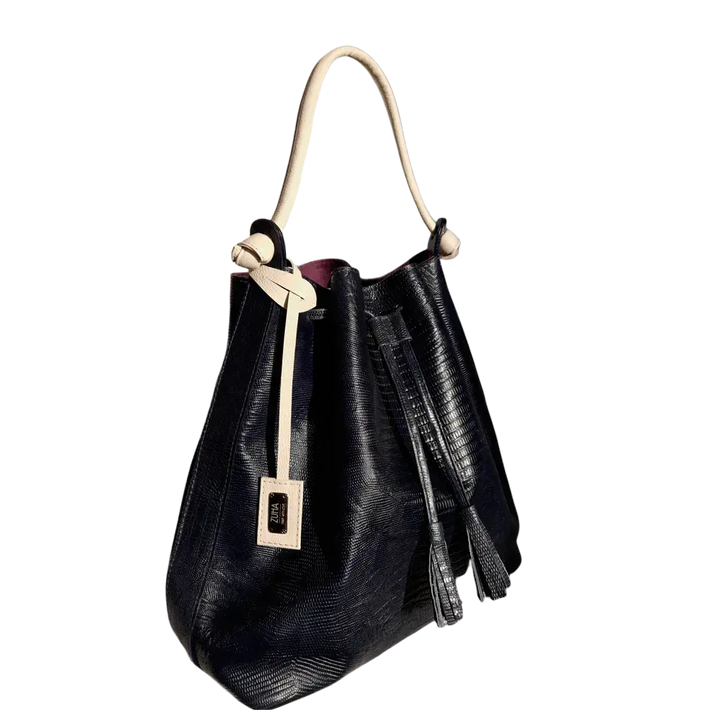 Schwarze Lederhandtasche für Frauen im Jade Reptil-Design
