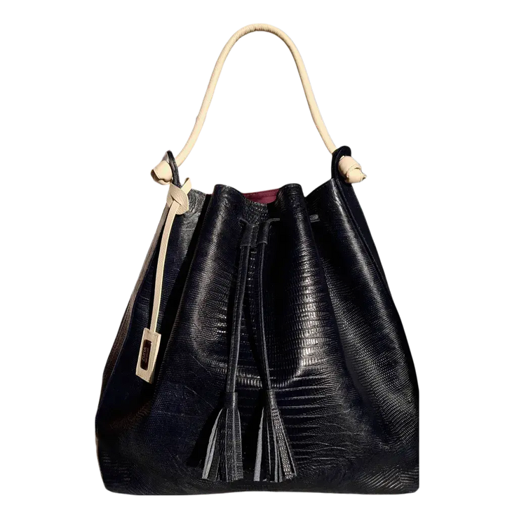 Schwarze Lederhandtasche für Frauen im Jade Reptil-Design