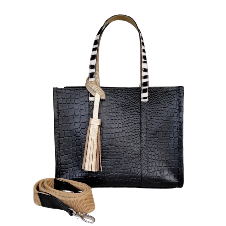Greta Black Leather Women's Reptile Handbag