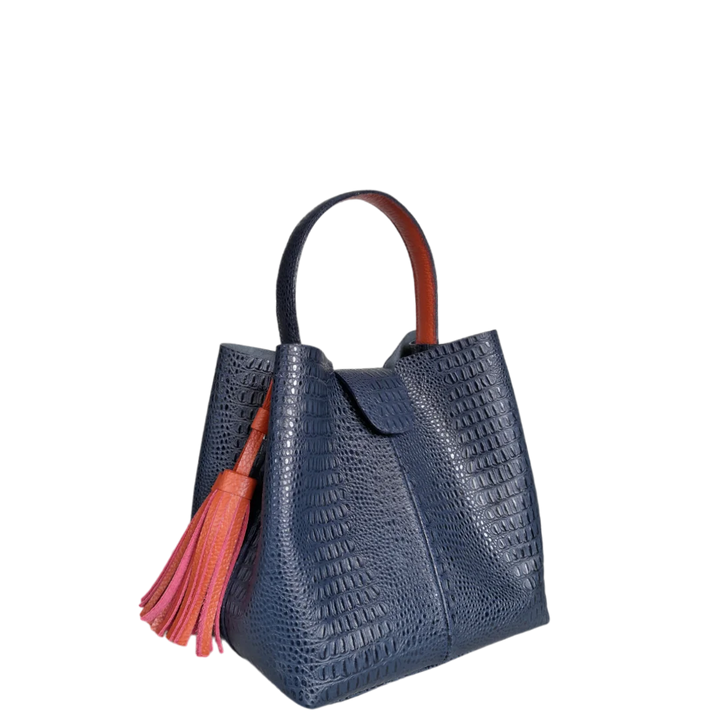 Lucia Damen kleine Handtasche aus dunkelblauem Echsenleder