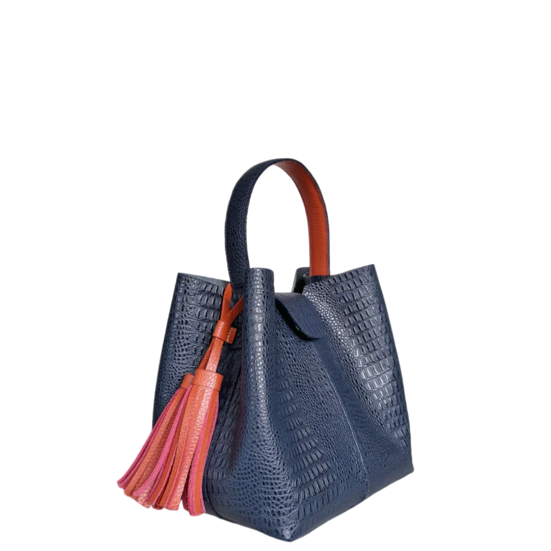 Lucia Damen kleine Handtasche aus dunkelblauem Echsenleder