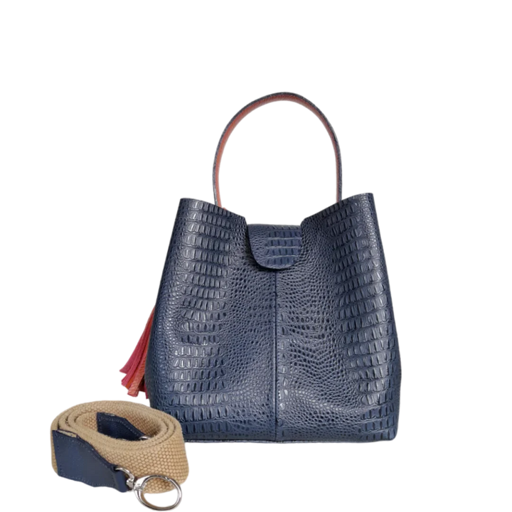 Lucia Damen kleine Handtasche aus dunkelblauem Echsenleder