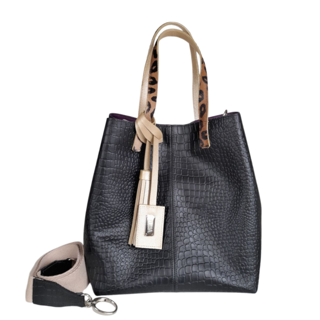 Giulia Reptil Schwarze Lederhandtasche für Damen