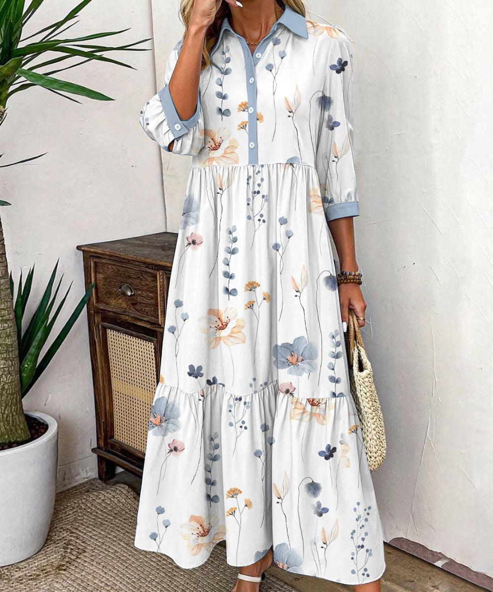 Elvienne | Frische Maxi-Kleid mit Print & Kragen