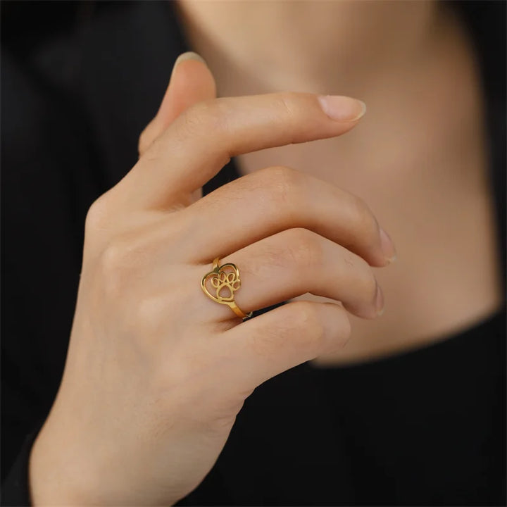 BECKKY Anello in oro e argento con Pfote und Herz für Tierliebhaber