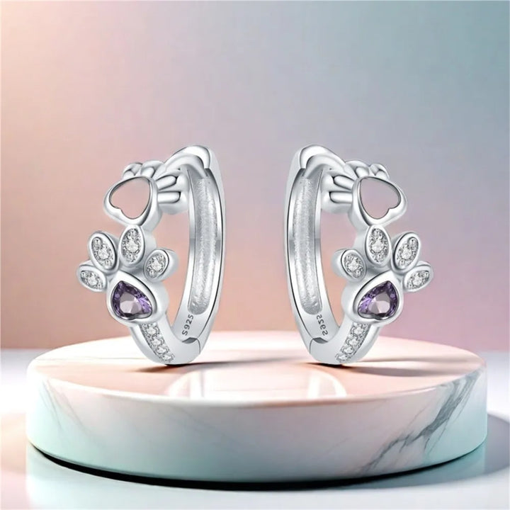 Paw Huggie Earrings in 925 Sterling Silver - Featuring Zirconia and Heart Jewel - Eagle Design