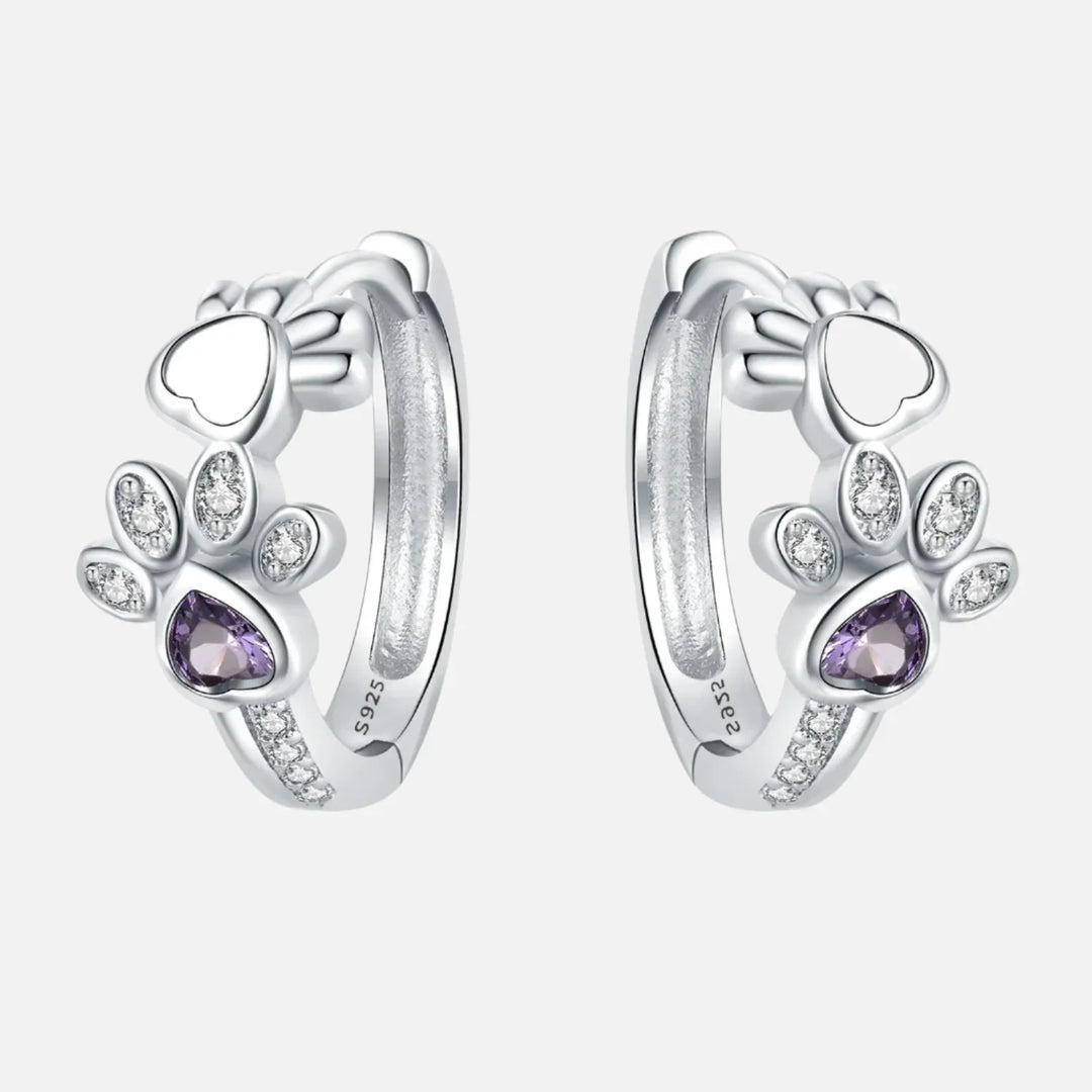 Paw Huggie Earrings in 925 Sterling Silver - Featuring Zirconia and Heart Jewel - Eagle Design