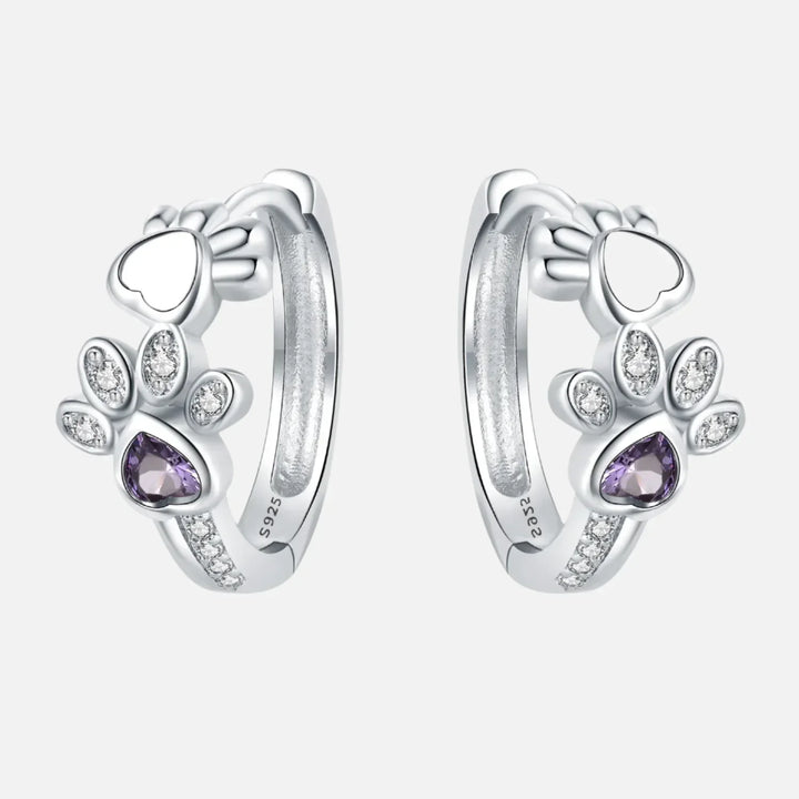 Paw Huggie Earrings in 925 Sterling Silver - Featuring Zirconia and Heart Jewel - Eagle Design