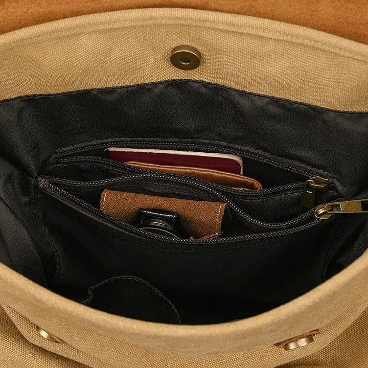 Authentischer Leder- und Canvas-Rucksack | Vintage College Laptop-Rucksack