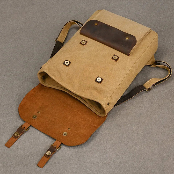 Authentischer Leder- und Canvas-Rucksack | Vintage College Laptop-Rucksack