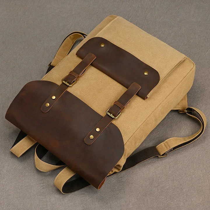 Authentischer Leder- und Canvas-Rucksack | Vintage College Laptop-Rucksack