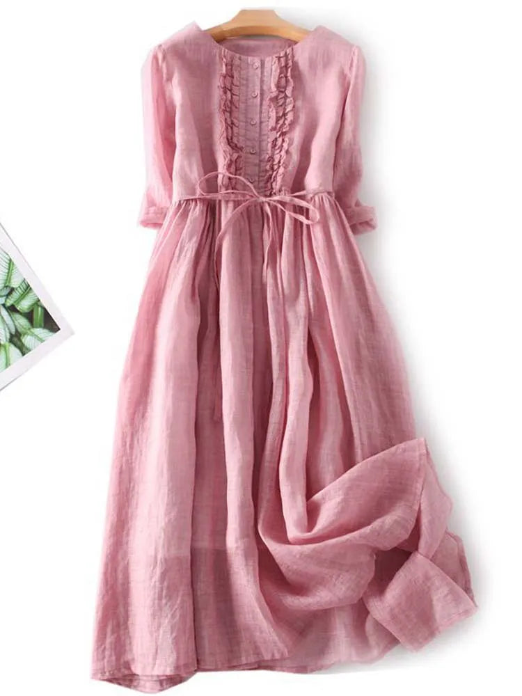 Arya - Damen Retro Rundhals Kleid mit Schnürung in der Taille