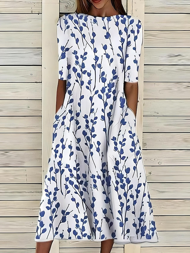 Céleste | Midi-Sommerkleid mit Küstenblumen und Rundhalsausschnitt