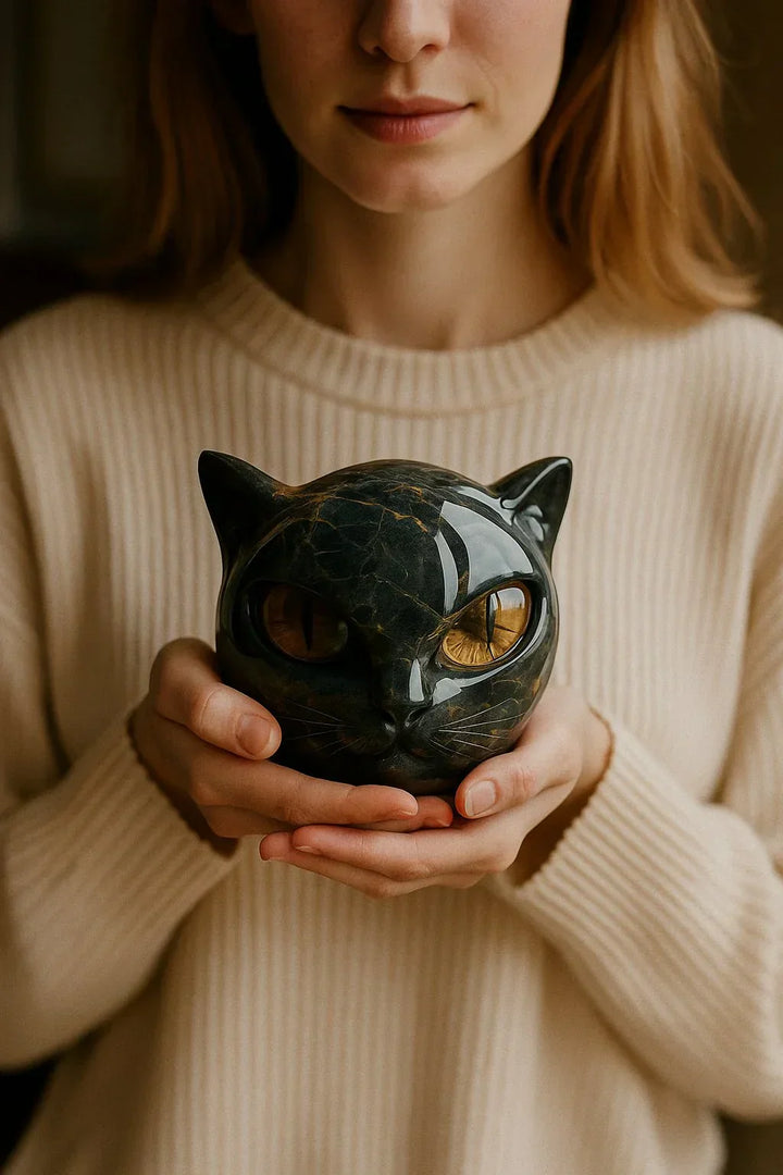 NyxCharm - Mystische Schwarze Katzenkopf Skulptur