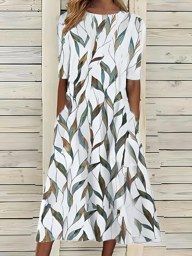 Céleste | Midi-Sommerkleid mit Küstenblumen und Rundhalsausschnitt