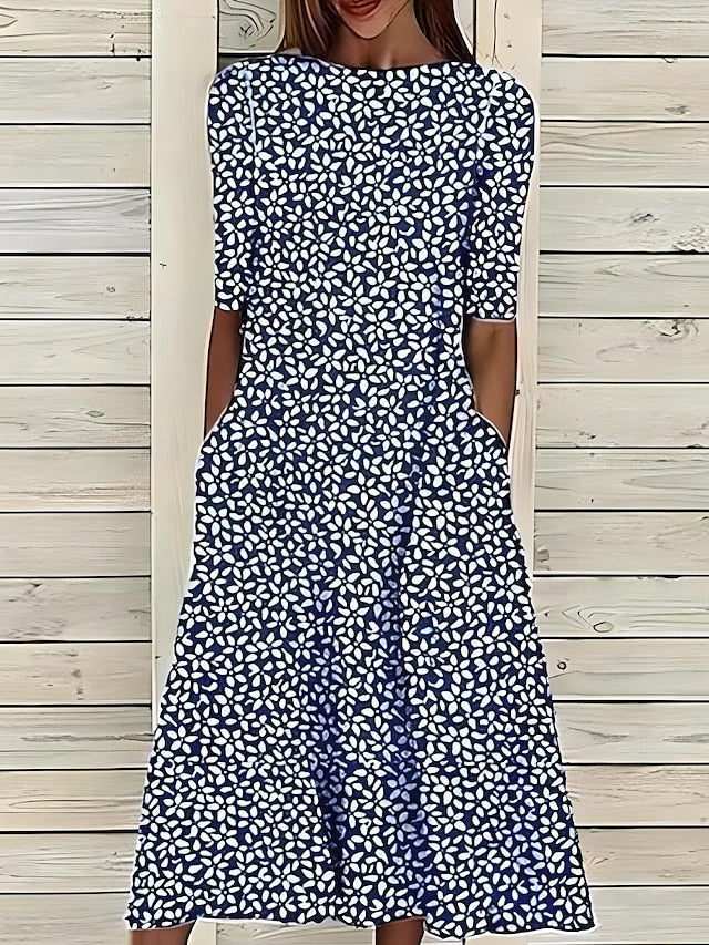 Céleste | Midi-Sommerkleid mit Küstenblumen und Rundhalsausschnitt